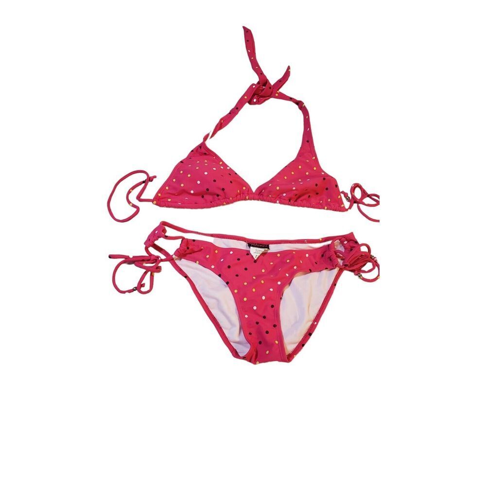 WANT 2Pc. Swimsuit Women/Teen Halter top‎ Adjustable Bottom Pink w/ Polka Dots L